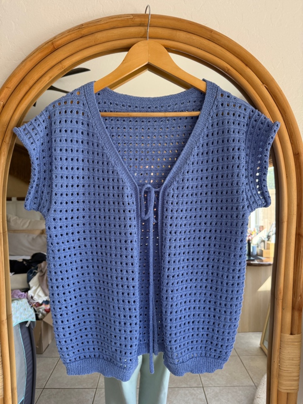Blue Crochet Tie-Front Short Sleeve Cardigan